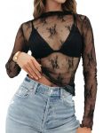 Gleeneat Womens Mesh Tops Lace Long Sleeve Shirts Mock Neck Slim Fitted Date Outfits See Through Sheer Blouses Layering Top