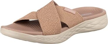Skechers Women’s On-the-GO 600 – Glistening Metallic Mesh Slide Sandals, Rosegold, 8 Wide