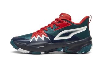 PUMA Men’s Genetics Basketball Shoes, Club Navy-Cold Green-for All Time Red, 10