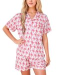 HMPEAIIY Women Y2k Pajamas Set Cute Preppy 2PCS Button Down Holiday Monkey Shorts Summer Outfit Beach Vacation Loungewear Pjs Sleepover Party Birthday Gift(Pink Monkey & Green Heart, Small)