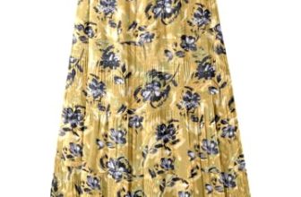 NiPaMi Women’s Chiffon White Flowy Maxi Skirt Boho Fall Elastic Waisted Pleated A Line Long Skirts for Women 2025(Earthy Yellow Blue flower-48,S)