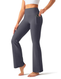 OLCHEE Womens Yoga Pants Flare Leggings with Pockets High Waist Tummy Control Workout Bell Bottom Bootcut – Grey Size Large