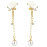 Gold Pearl Drop Earrings For Women Threader Chain Flower Wedding Bride Earrings