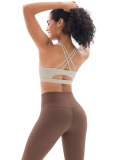 2 Piece Workout Sets for Women Strappy Criss Cross Sports Bra with Tummy Control Yoga Leggings Yoga Set(Y83M-Khaki/Coffee)