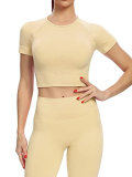 2 Piece Short Sleeve Outfits for Women Seamless Crop Tops Set for Women Workout Set(8005M-Khaki)