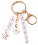 SanQuan Itsy-Bitsy Pearl Letter Keychain-Handmade,Cute Keychains for Women,Bag Charms Purse Charms for Handbags(Gold/White-A)