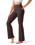 OLCHEE Womens Yoga Pants Flare Leggings with Pockets High Waist Tummy Control Workout Bell Bottom Bootcut – Brown Size Medium