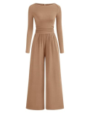 BTFBM Jumpsuits For Women One Piece Outfits Long Sleeve Stretchy Knit Wide Leg Pants Womens Jumpsuit Fall Clothes 2025(Khaki, X-Large)