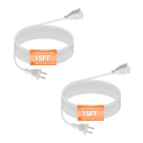 15FT White Flat Extension Cord Two Prong Polarized Light-Duty Power Cable, 125V 5A 625W for Indoor/Home Use, Slim Design for Christmas Lights, Halloween Decor, Lamps & Small Appliances (2 Pack)