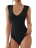 REORIA Deep V Neck Bodysuit for Women Sleeveless Ribbed Tank Tops Y2K Sexy Summer Outfits Black Medium