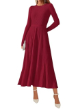 KIRUNDO Women Fall Business Casual Ribbed Knit Long Sleeve Bodycon Pleated Midi Sweater Dress Elegant A Line Winter Dresses(Burgundy, XX-Large)