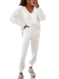 Tankaneo Womens Knit Sets Oversized V Neck Sweaters and Wide Leg Pants Fall Loungewear Trendy 2 Piece Outfits White