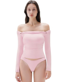 SUUKSESS Women Padded Off The Shoulder Tops Double Lined Going Out Long Sleeve Fitted Basic Fall Shirts(Baby Pink, S)