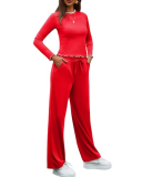 Gardenwed Women’s Two-Piece Lounge Set, Long Sleeve Top and Wide Leg Pants with Pocket Casual Comfort Outfit Red XL