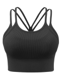 Womens Longline Sports Bra Strappy Padded Workout Top Double Layered Crop Tank Tops(Y75M-Black)