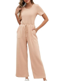 Women’s Short Sleeve Jumpsuit, Casual Wide Leg Drawstring Waist Romper with Pockets Large Khaki