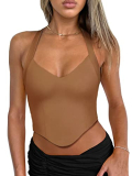 REORIA Double Lined Sexy Halter Tops for Women V Neck Sleeveless Cami Y2K Trendy Crop Tank Tops for Going Out Teen Girls Brown Small