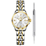 OLEVS CZ White Gold Plated Watches for Women Minimalist Luxury Dress Fashion Stainless Steel CZ Business Attire Date Women’s Watch with Luminous Hands Two-Tone Crystal Rhinestone