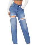 KKSONG Womens Distressed Straight Leg Jeans High Waisted Wide Leg Baggy Jeans Boyfriend Casual Denim Pants Mid Blue L