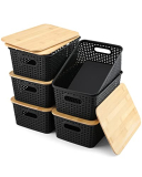 EOENVIVS Storage Bins with Lids 6 Pack, Plastic Storage Basket with Bamboo Lids for Pantry Organization and Storage Containers for Shelves Drawers Desktop Closet Playroom Classroom Office Home, Black