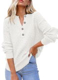 Dokotoo Womens Sweaters 2025 Fall Outifits Loose Fitt Textured Henley Shirts White Sweater V Neck Long Sleeve Textured Knit Pullover Jumper Tops Button Winter Tops Small