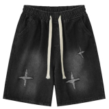 Unisex Baggy Black Denim Shorts Y2K Casual Loose Straight Leg Jeans Shorts Jorts Grunge Harajuku Streetwear,Black,S