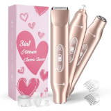 Bikini Trimmer for Women，3 in 1 Electric Razor with Ceramic Blades, IPX7 Waterproof, USB Rechargeable, Painless Hair Removal for Face，Body，Bikini Area, Travel Grooming Kit (Rose Gold)