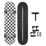 Kids Skateboard Set with Light-Up Wheels–Complete Beginner Kit Includes Full Protective Gear & Skate Tool–Ideal for Boys & Girls,Checkerboard 31″