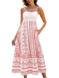 Gardenwed Women’s Floral Print Maxi Dress,Spaghetti Strap Smocked Bodice A-Line Sundress with Pockets Red XL