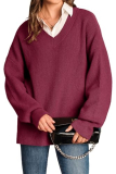 Arach&Cloz Womens Long Sleeves Comfy V Neck Sweaters 2025 Winter Casual Classic Soft Loose Fit Basic Knitting Pullover Jumper Top Dark Red L