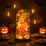 Halloween Decor -Jack-o’-Lantern- Decorations Indoor – Adorably Spooky Light-Up Pumpkin in Glass Cloche, Glowing Smiling Face Night Light for Home, Mantel & Party Halloween Displays