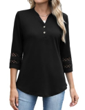 CiCiBird Womens 3/4 Sleeve Blouses Casual Button V Neck Shirt 2025 Trendy Tops Black M