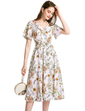 Womens Plus Size Casual Summer Chiffon Floral V Neck Short Sleeve Smocked Wedding Guest Midi Dress White Flower 3XL