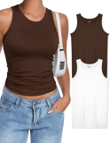 OLCHEE Womens 2PK High Neck Tank Tops Workout Long Seamless Trendy Basic Shirts Going Out Slim Fit 2025 – White Brown Small