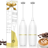 Easy Clean Milk Frother Wand, 2 Pack | Superior Frothing Performance & Multi-Use | Detachable Whisk, One-Touch Operation | for Coffee, Latte, Matcha, Gift Idea (White)