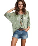 Women’s Casual Knit Pullover Hollow-Out 3/4 Batwing Sleeve Lightweight and Comfortable Boho Chic Summer Sweater（Light Green，Large）