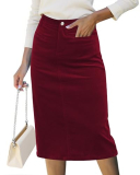 luvamia Corduroy Plus Size Wine Red Skirts for Women Midi Length High Waisted Trendy Fall Elastic Waist Casual Stretchy Cute Skirt with Pockets for Women X-Large US Size 16-18
