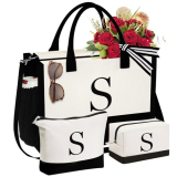 YOOLIFE Work Tote Bags for Women – Womens Canvas Tote Bag, Initial Tote Bag, Birthday Gifts for Women Mom Daughter Sister Friends Her Girlfriend, Letter S