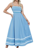 Gardenwed Women’s Spaghetti Strap Maxi Dress, Rick Rack Trim Sleeveless A-Line Summer Casual Beach Dress Blue-XXL