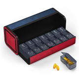 Binceen Medicine Pill Organizer, 7 Day AM PM Pill Box 2 Times a Day, Travel Leather Pill Case, Pressing The Double Opening, Holds Medication Vitamins Fish Oil and Supplements (Red and Blue)