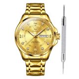 OLEVS Fashion Classic CZ Gold Watches for Men Waterproof Rhinestone Modern Exquisite Unique Calendar Date CZ Gold Plating Mens Analog Quartz Watch for Business Office Formal Occasions Casual Wear