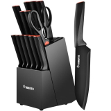 IKRUTO 15-Piece Professional Kitchen Knife Set with Block – Built-in Sharpener, Anti-Slip Handles, Non-Slip Base – Effortless Cooking Tools for Chefs & Home Cooks