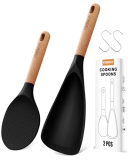 FINENUT Multifunction Silicone Spatula Spoon 2-Pack Dual-Use-Heat-Resistant 446°F BPA-Free Non-Toxic Cooking for Non-Stick Cookware,Rice Cookers,Wooden Handle Scoop/Serve Meal/Rice Spoon Set (Black)