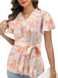Women’s Floral V-Neck Blouse, Short Flutter Sleeves Button Down Summer Casual Top with Waist Tie