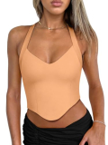 REORIA Double Lined Sexy Halter Tops for Women V Neck Sleeveless Cami Y2K Trendy Crop Tank Tops for Going Out Teen Girls Orange Powder Small