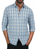BAYAMO Men’s Button-Down Plaid Shirts Casual Long Sleeve Cotton Linen Shirts for Men Fashion Business Shirt Blue L