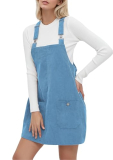 YUENIU Womens Corduroy Overalls Dress Casual Adjustable Straps Pinafore Dress Short Skirt with Pockets Blue L