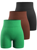 Women’s 3 Piece Workout Shorts Yoga Seamless Ribbed High Waisted Spandex Booty Biker Shorts (Y8SP-B/Br/Green S)