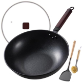 Teewe Carbon Steel Wok -13 Inch Woks & Stir-fry Pans Nonstick, Wok Pan with Glass Lid Spatula and Dish Brush: Pre-Seasoned Flat Bottom Chinese Wok for Induction, Electric, Gas, All Stoves