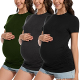 Smallshow Women’s Maternity Shirts Crew Neck Short Sleeve Pregnancy Clothes 3 Pack,Army Green-Black-Deep Grey,XXL